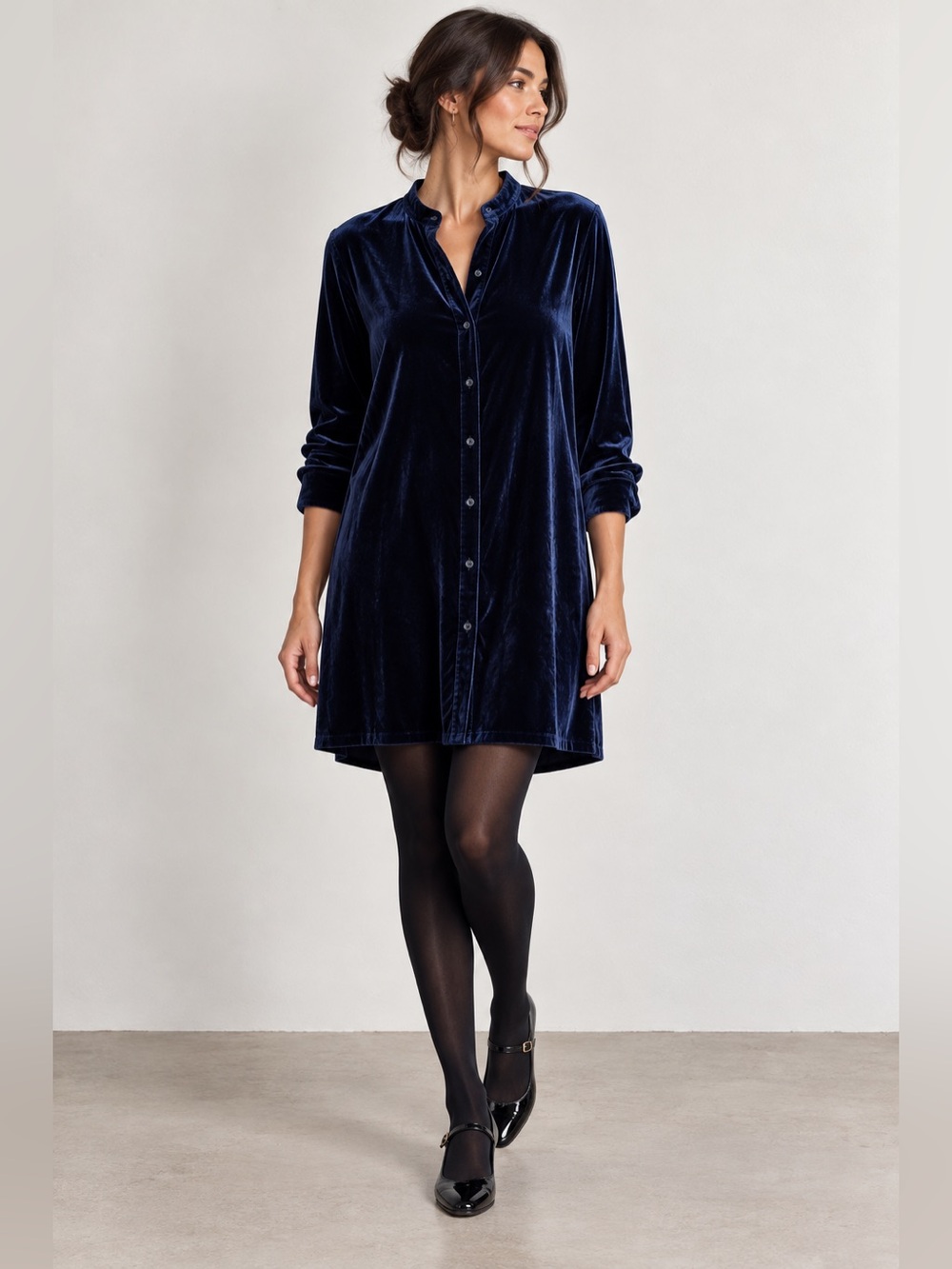 Eileen Fisher Velvet Band Collar Shirt Dress Tunic Navy Blue Medium